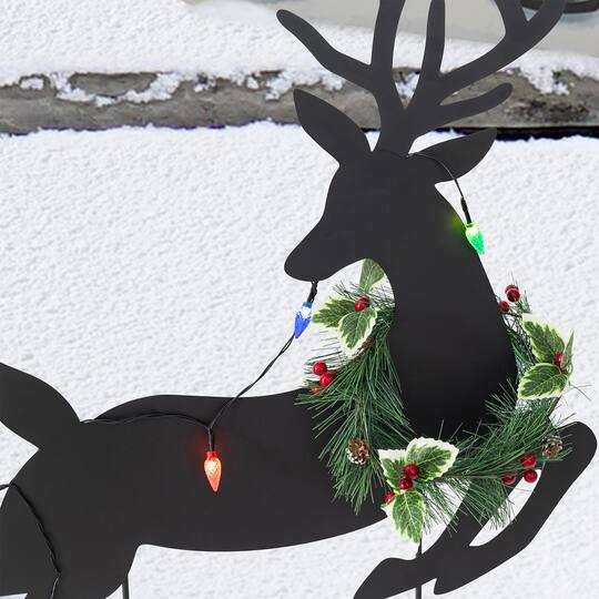 Glitzhome® 36" Set of 3 Christmas Lighted Metal Reindeer & Santa Sleigh Yard Stake with Timer